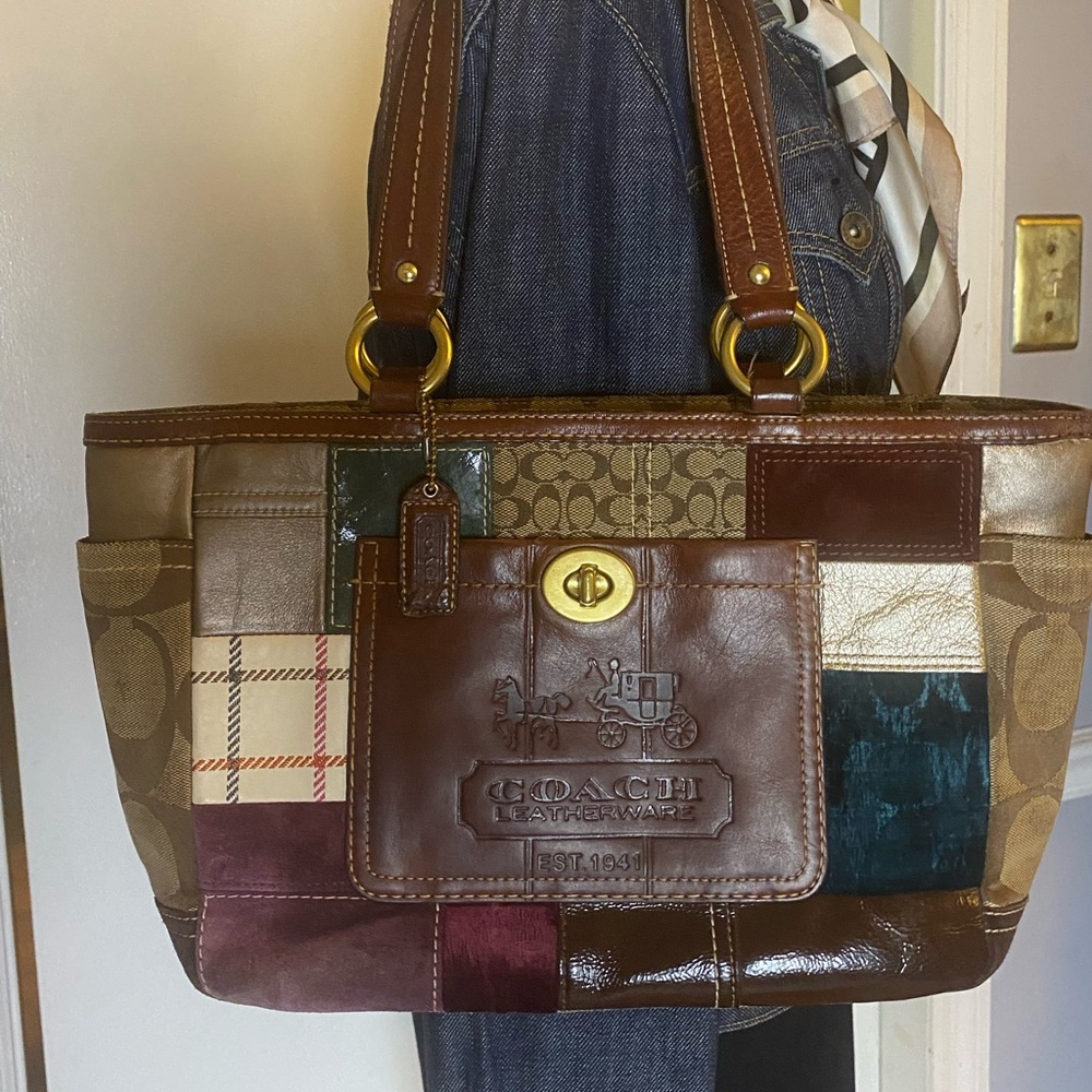 Coach Patchwork Leather Tote in Brown, Tan, Cream, Green, Burgundy